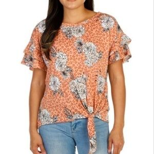 Absolutely Famous Orange Floral Short Sleeve Tie Front Top XL